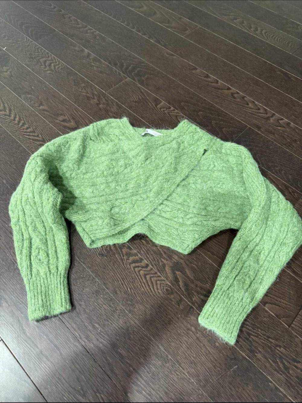 Zara Light Green Cropped Cable Knit Turtleneck Sweater